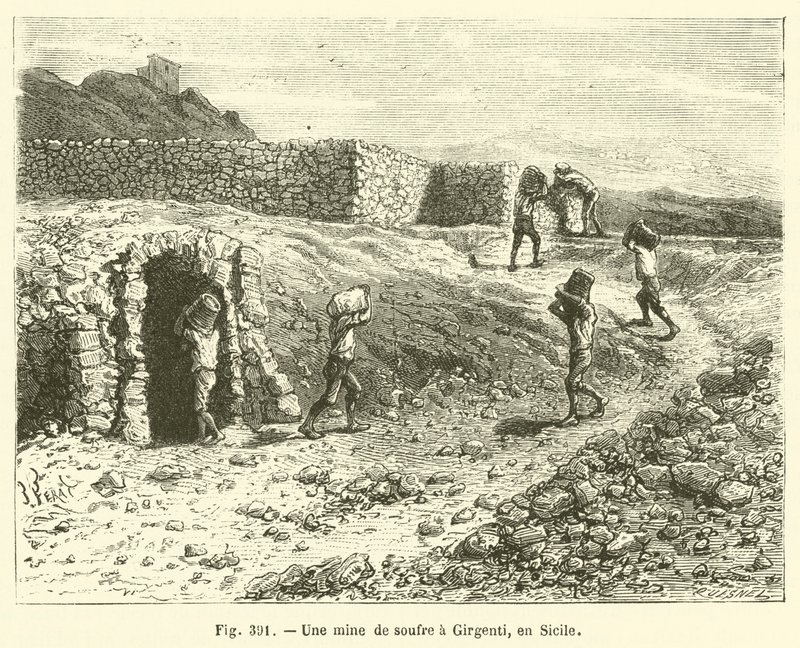 Sirný důl v Girgenti, Sicílie (rytina) od French School