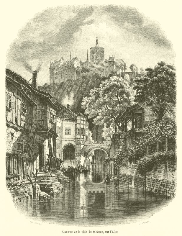 Ulice ve městě Míšeň, na Labi (rytina) od French School
