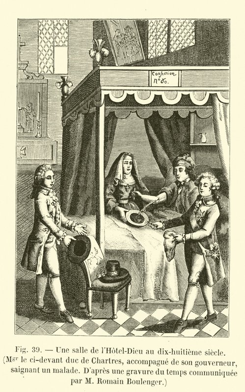 Místnost Hotel-Dieu v osmnáctém století, Mgr ci-devant vévoda z Chartres, doprovázený svým guvernérem, krvácející pacient, Po rytině času, kterou sdělil M Romain Boulenger (angl. od French School