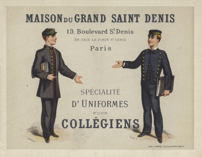 Uniformy pro francouzské Collegiens, reklama na Maison du Grand Saint Dennis od French School
