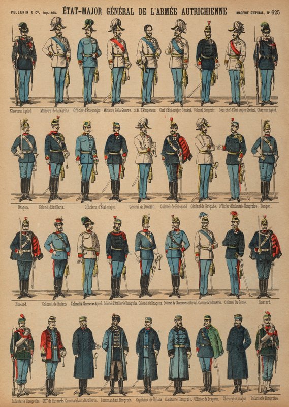 Uniformy rakousko-uherské armády (barevná rytina) od French School