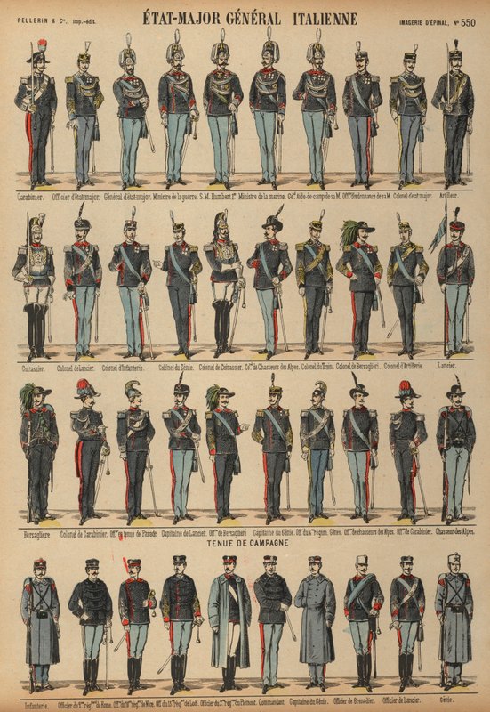 Uniformy italské armády (barevná rytina) od French School