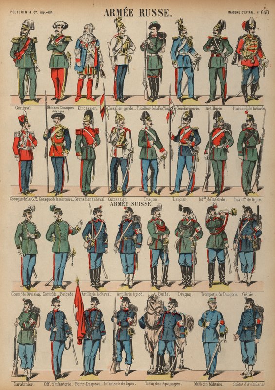Uniformy ruské a švýcarské armády (barevná rytina) od French School