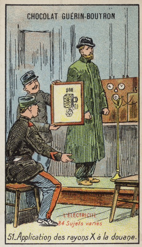 Použití rentgenového záření na celnici (chromolitho) od French School