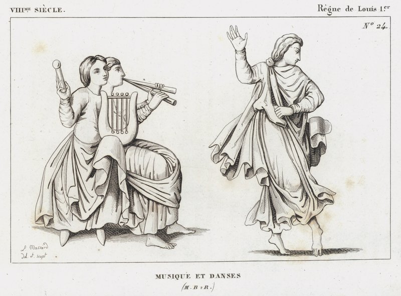 VIII století, vláda Ludvíka I., Hudba a tance (rytina) od French School