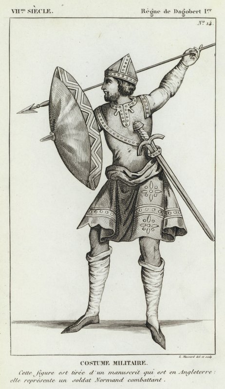 VII. století, vláda Dagoberta I., Vojenský kostým (rytina) od French School