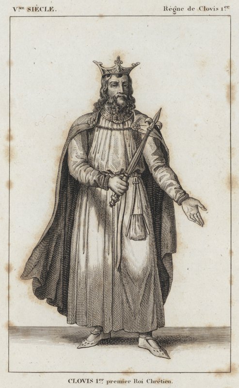 V. století, vláda Clovise I., Clovis I., první křesťanský král (rytina) od French School