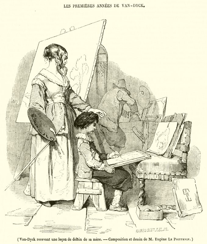 Van-Dyck dostává lekci kreslení od své matky (rytina) od French School