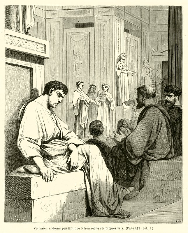 Vespasianus spí, zatímco Nero recituje své vlastní verše (rytina) od French School