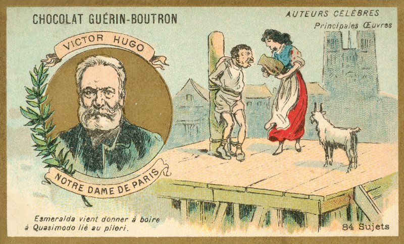 Victor Hugo, francouzský autor, a scéna z jeho románu Notre Dame de Paris (chromolitho) od French School