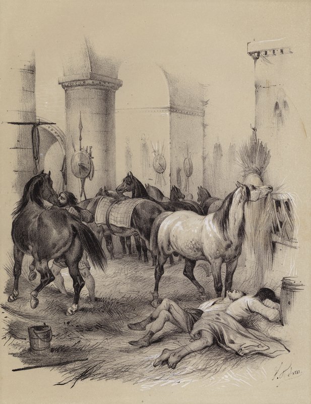 Vikingové využívající katedrálu Karla Velikého v Cáchách jako stáj, 882 (litho) od French School