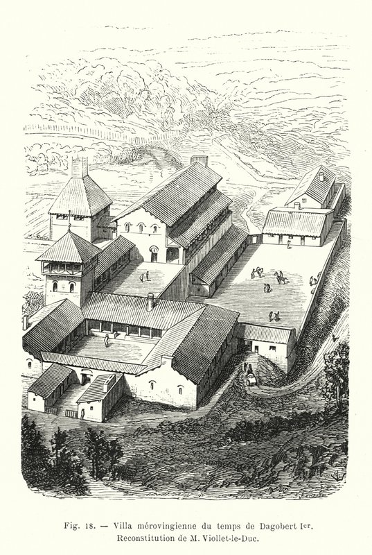 Merovejská vila z doby Dagoberta I., Rekonstrukce od M Viollet-le-Duc (rytina) od French School