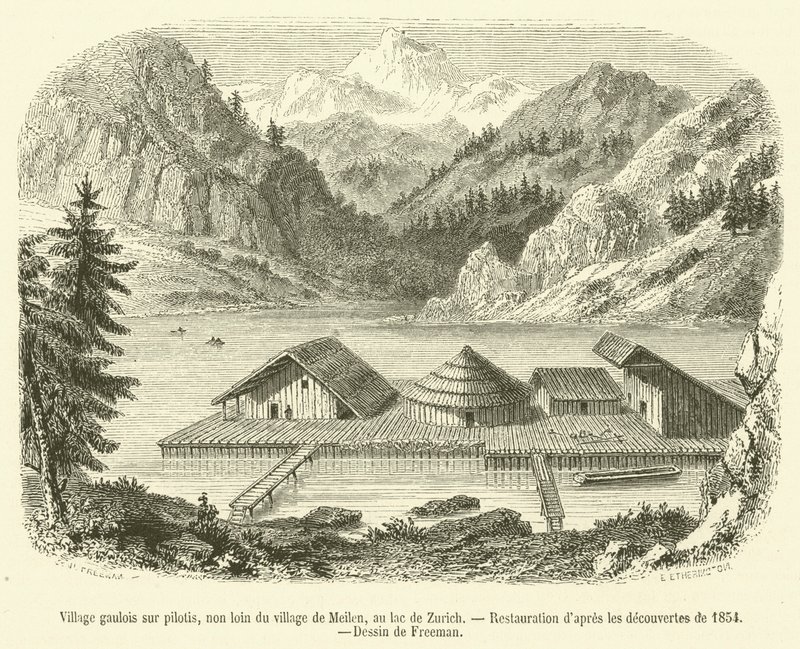 Galská vesnice na kůlech, nedaleko vesnice Meilen, u Curyšského jezera (rytina) od French School