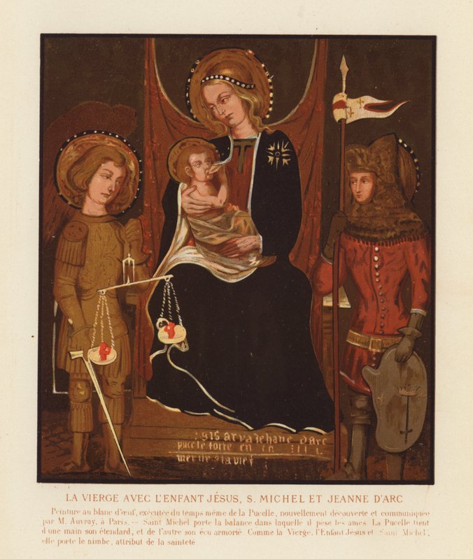 Panna a dítě se svatým Michaelem a Johankou z Arku (chromolitho) od French School