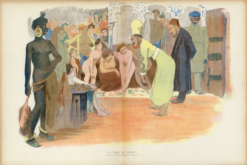 Návštěva harému, ilustrace pro Le Rire (barevné lito) od French School