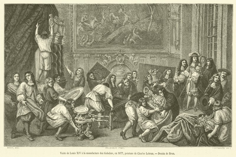 Návštěva Ludvíka XIV. v Manufacture des Gobelins, v roce 1677 (rytina) od French School