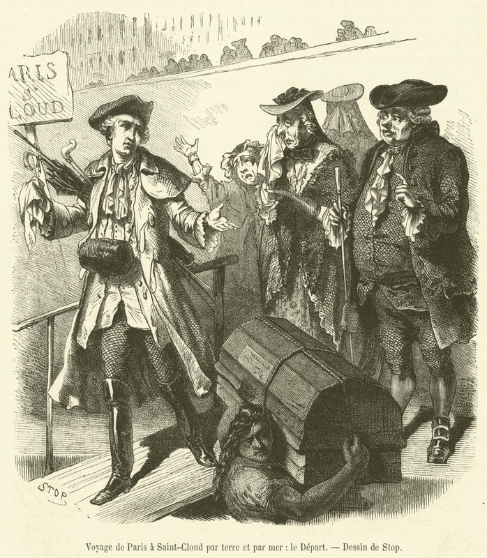 Plavba z Paříže do Saint-Cloud po zemi a po moři, Le Depart (rytina) od French School