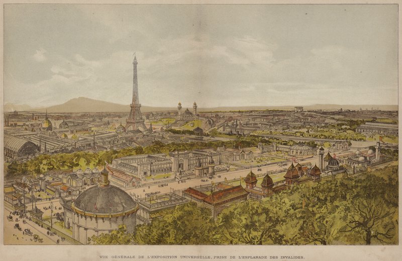Celkový pohled na světovou výstavu, převzato z Esplanade des Invalides (barevná rytina) od French School
