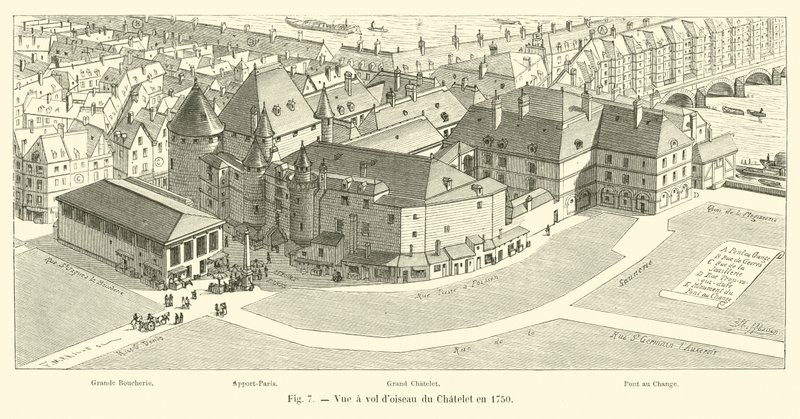 Pohled na Chatelet z ptačí perspektivy v roce 1750 od French School
