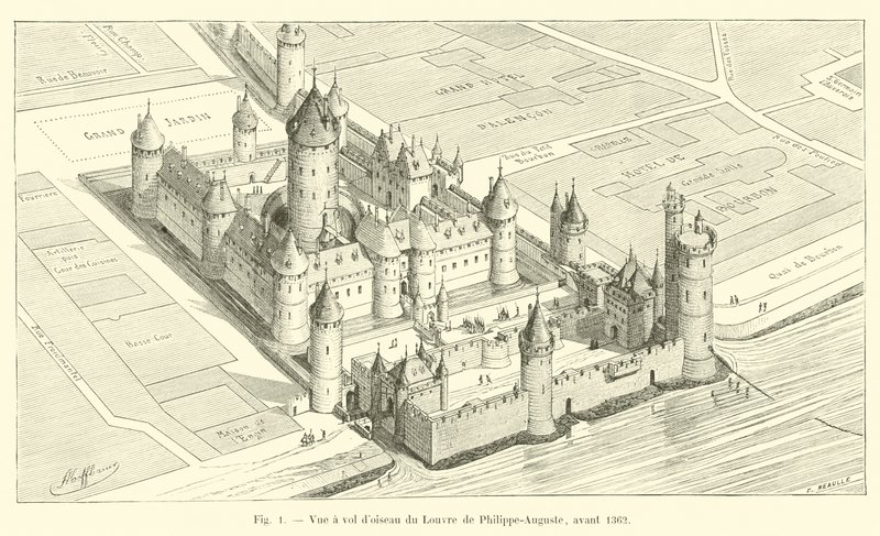 Pohled na Louvre z ptačí perspektivy od Philippe-Auguste, před rokem 1362 od French School