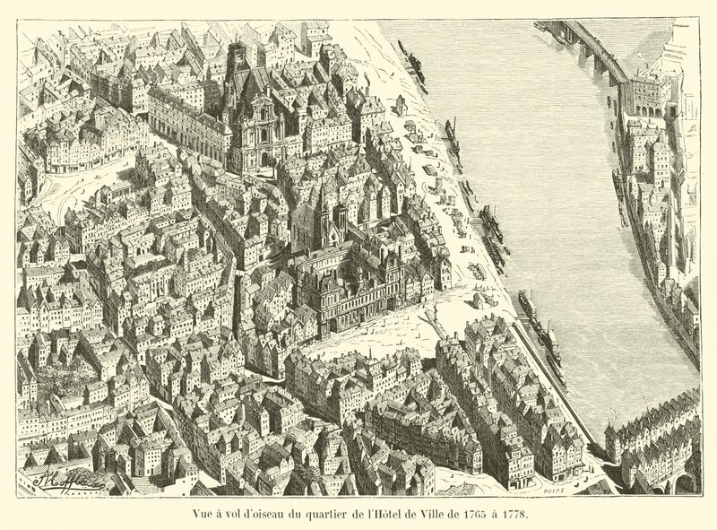 Pohled na čtvrť Hotel de Ville z let 1765 až 1778 z ptačí perspektivy od French School