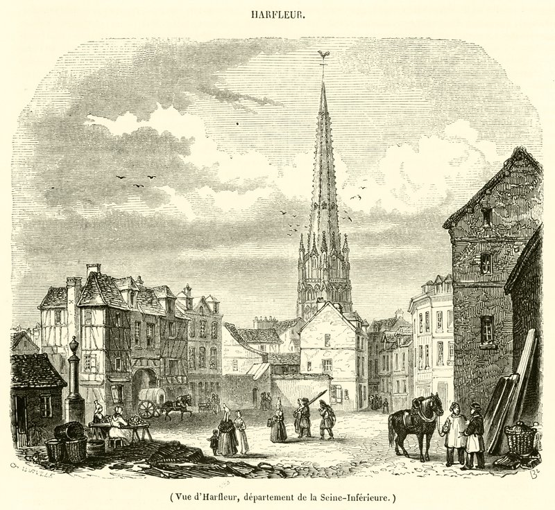 Pohled na Harfleur, oddělení Seine-Inferieure (rytina) od French School