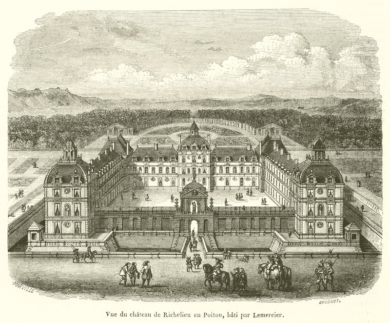 Pohled na Chateau de Richelieu v Poitou, postavený Lemercier (rytina) od French School