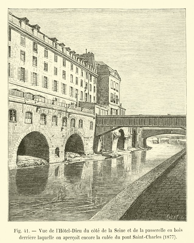 Pohled na Hôtel-Dieu ze strany Seiny a dřevěnou lávku, za kterou ještě vidíme opěru mostu Saint-Charles, 1877 od French School