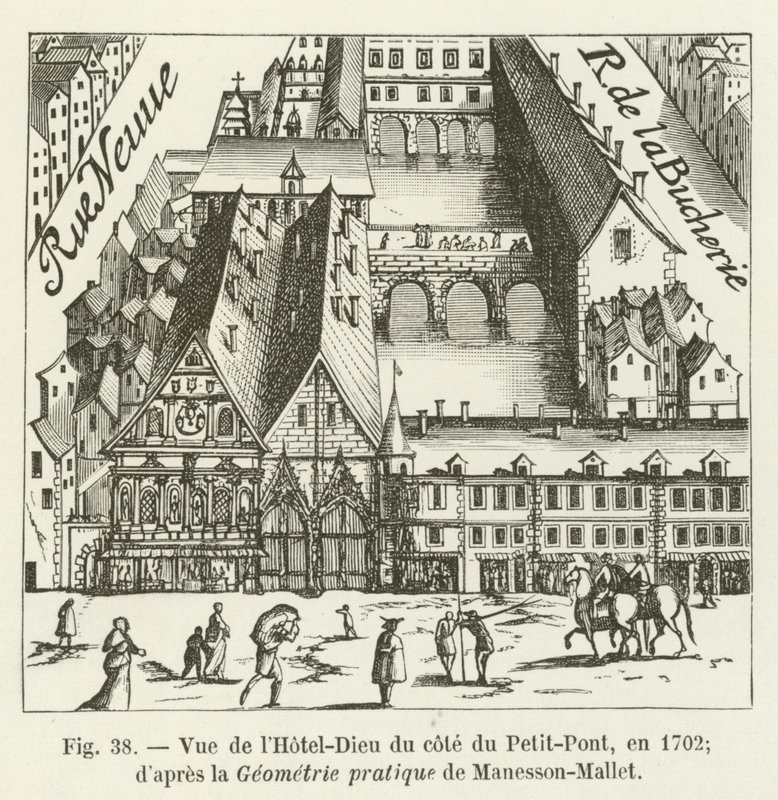 Pohled na Hôtel-Dieu ze strany Petit-Pont, v roce 1702; podle praktické geometrie Manesson-Mallet od French School