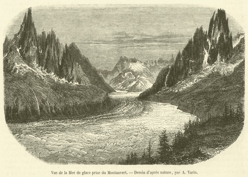 Pohled na Mer de Glace převzatý z Montanvert (rytina) od French School