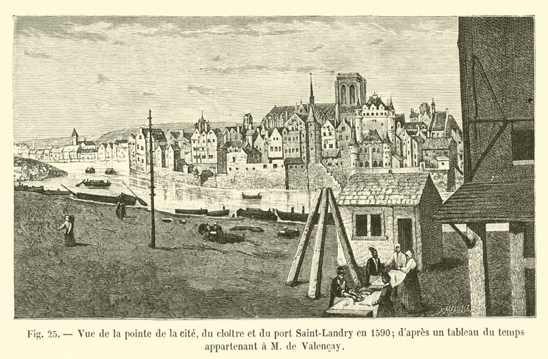 Pohled na cíp města, klášter a přístav Saint-Landry v roce 1590; z časového plánu patřícího M de Valencay od French School