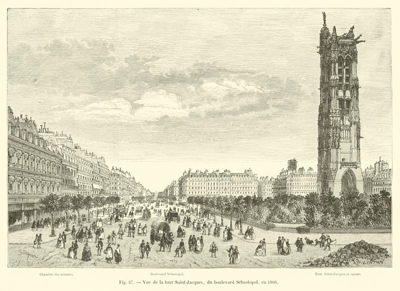 Pohled na Tour Saint-Jacques, z Boulevard Sebastopol, v roce 1866 od French School