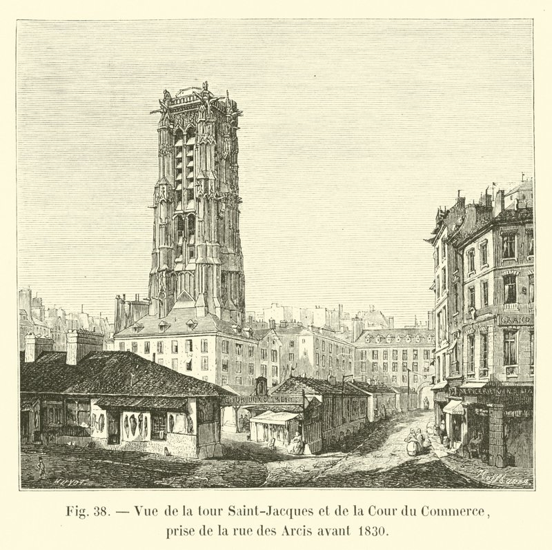Pohled na věž Saint-Jacques a Cour du Commerce, pořízený z rue des Arcis před rokem 1830 od French School