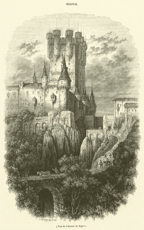 Pohled na Alcázar v Segovii (rytina) od French School