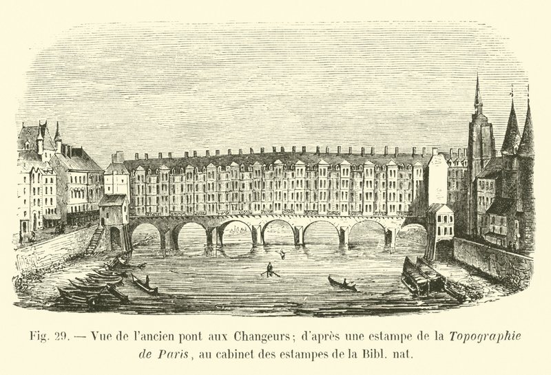 Pohled na starý most Changes; po tisku z Topografie Paříže, v tiskárně Bibl nat od French School