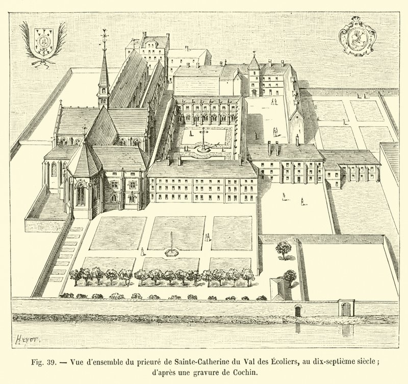 Celkový pohled na převorství Sainte-Catherine du Val des Ecoliers, v 17. století; z rytiny od Cochin od French School