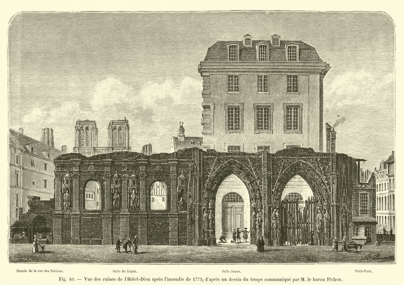 Pohled na ruiny Hôtel-Dieu po požáru v roce 1772; z dobové kresby sdělené M le baronem Pichonem od French School