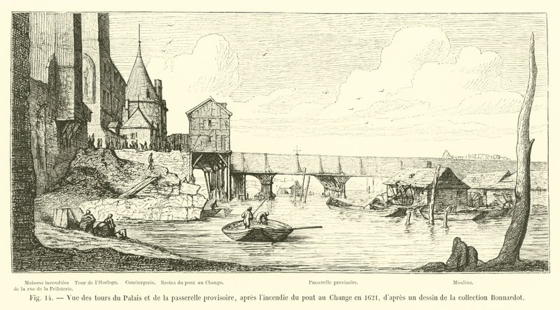 Pohled na palácové věže a dočasnou lávku po požáru Pont au Change v roce 1621 z kresby ve sbírce Bonnardot od French School