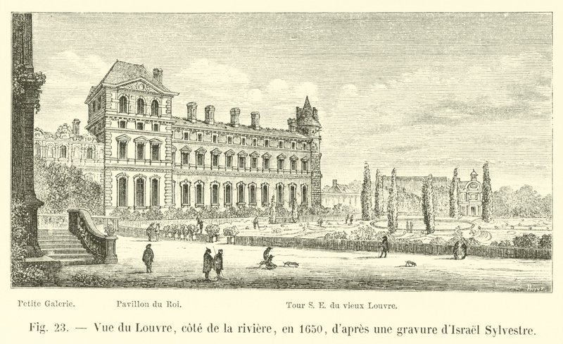 Pohled na Louvre, Cote de la Riviere, v roce 1650, po rytině od Israela Sylvestra od French School