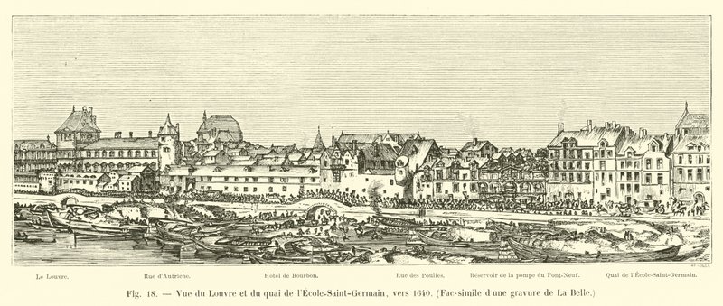 Pohled na Louvre a Quai de lEcole-Saint-Germain, cca 1640, faksimile rytiny z La Belle od French School