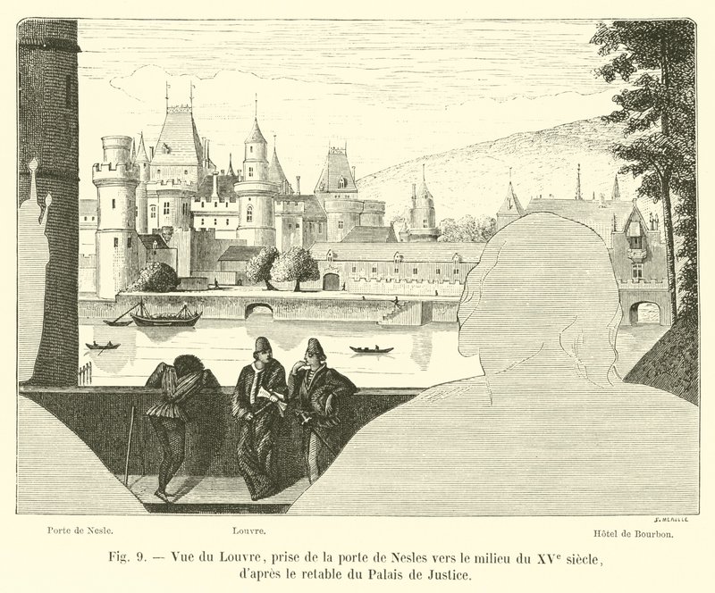 Pohled na Louvre, pořízený z Porte de Nesles kolem poloviny 15. století, podle oltářního obrazu Justičního paláce od French School