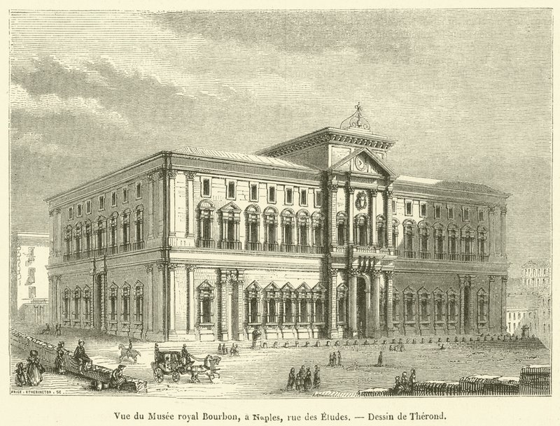 Pohled na Royal Bourbon Museum, v Neapoli, rue des Etudes (rytina) od French School