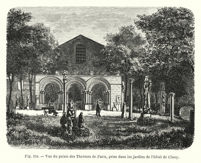 Pohled na Palais des Thermes v Paříži, převzatý ze zahrad Hôtel de Cluny (rytina) od French School