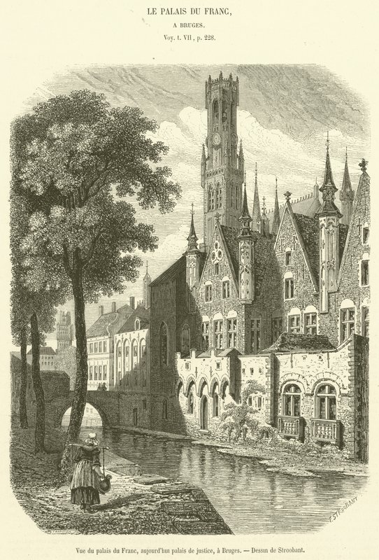 Pohled na Palais du Franc, nyní soudní budova, v Bruggách (rytina) od French School