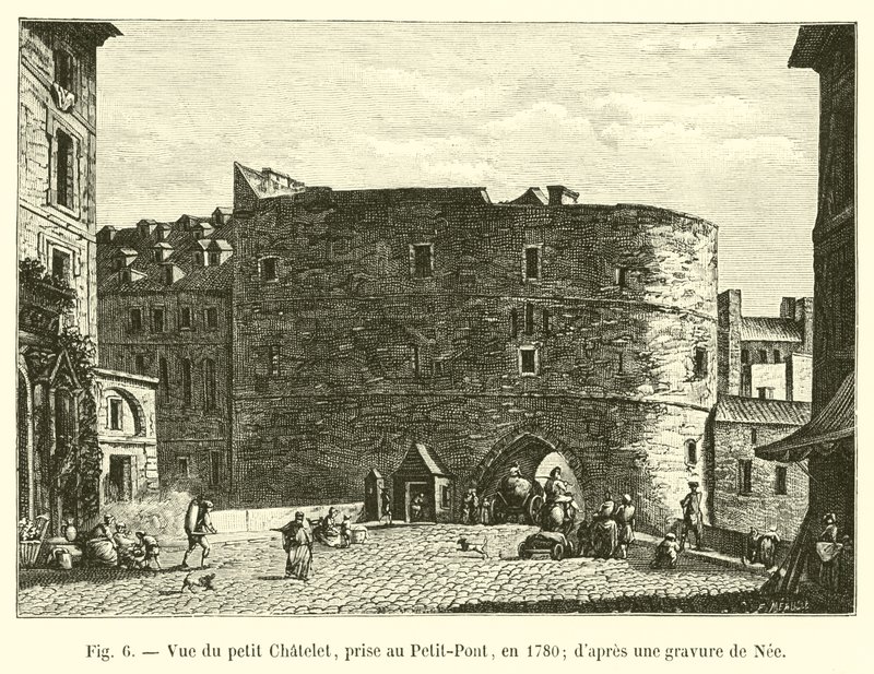 Pohled na Petit Chatelet, pořízený v Petit-Pont, v roce 1780; z rytiny od Nee od French School
