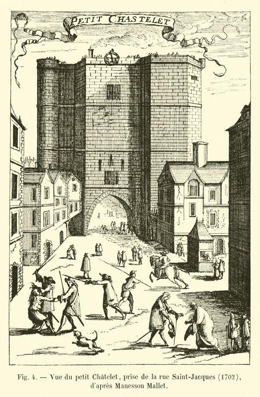 Pohled na Petit Chatelet, pořízený z Rue Saint-Jacques, 1702, po Manesson Mallet od French School