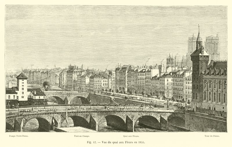 Pohled na Quai aux Fleurs v roce 1855 od French School