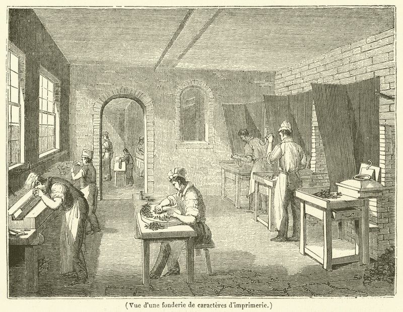 Pohled na slévárnu tiskařských typů (rytina) od French School