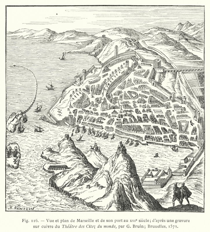 Pohled a plán Marseilly a jejího přístavu v 16. století; z mědirytiny Theater des Citez du monde, G Bruin; Brusel od French School