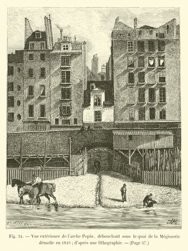 Vnější pohled na Popinův oblouk, vynořující se pod Quai de la Megisserie zbořeným v roce 1840; z litografie od French School